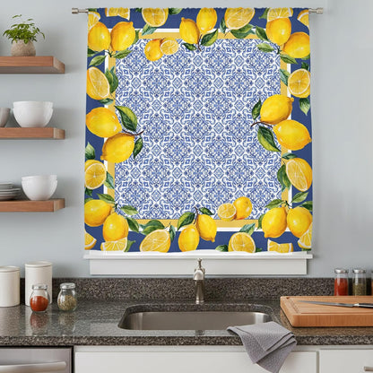 Sheer Curtains 45 Inches Long for Living Room/Bedroom, Blue Yellow Lemon Rod Pocket Voile Kitchen Curtains & Drapes Window Treatment 1 Panel, 52"W x 45"L Summer Country Fruits Italian Style