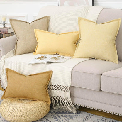 MADIZZ Pack of 2 Faux Rustic Linen Throw Pillow Covers with Flange Edge Soft Boho Natural Decorative Pillowcases for Sofa Living Room Modern Throw Pillows for Bed 18x18 Inch Light Yellow