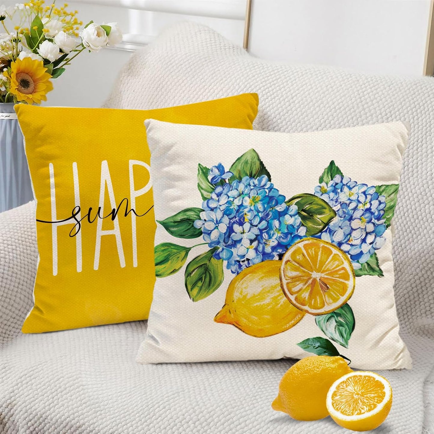 Spring Summer Lemon Pillow Covers Blue Hydrangea 18 x 18 Inch Throw Pillows, Hello Sunshine Decorative Farmhouse Cushion Case for Sofa Couch Set of 4