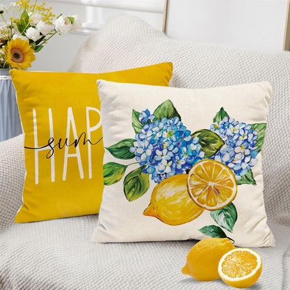 Spring Summer Lemon Pillow Covers Blue Hydrangea 18 x 18 Inch Throw Pillows, Hello Sunshine Decorative Farmhouse Cushion Case for Sofa Couch Set of 4