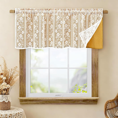 ASPMIZ Linen Valances for Windows Double Layer Valance Curtains with Lace Overlay, Mustard Yellow Kitchen Curtains Light Filtering, Rod Pocket Window Valances for Living Room, Kitchen, Cafe, 52x18