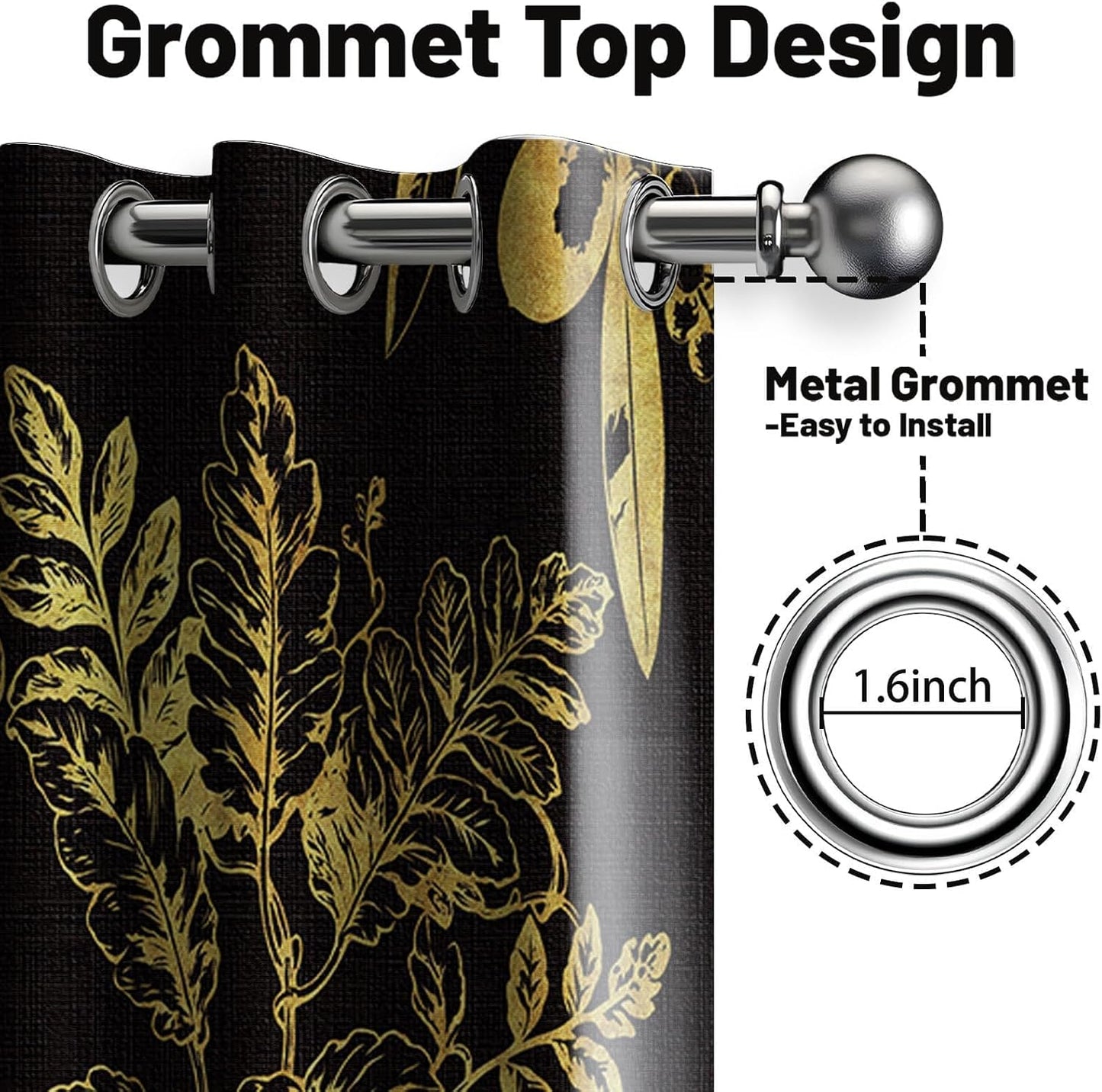 Black and Gold Vintage Botanical Blackout Curtains Patterned Golden Yellow Floral Window Drapes for Bedroom Living Room, 84 inch Length 2 Panels Set, 52x84 inch