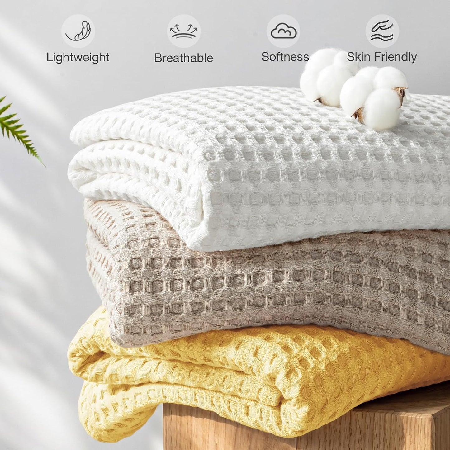 Exclusivo Mezcla Pre-Washed 100% Cotton Waffle Blanket King Size for Bed, 330GSM Lightweight Breathable Summer Blankets, Soft and Cozy, Home Decor, Yellow, 104x90 Inches