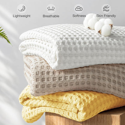 Exclusivo Mezcla Pre-Washed 100% Cotton Waffle Blanket King Size for Bed, 330GSM Lightweight Breathable Summer Blankets, Soft and Cozy, Home Decor, Yellow, 104x90 Inches
