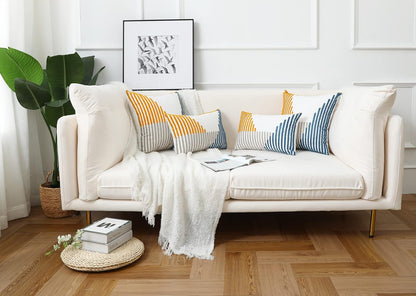 Boho Throw Pillow Covers 18x18 Pack of 2 Modern Striped Patchwork Farmhouse Pillow Covers Decorative for Couch Sofa Bed Outdoor Yellow and Blue Throw Pillow Covers