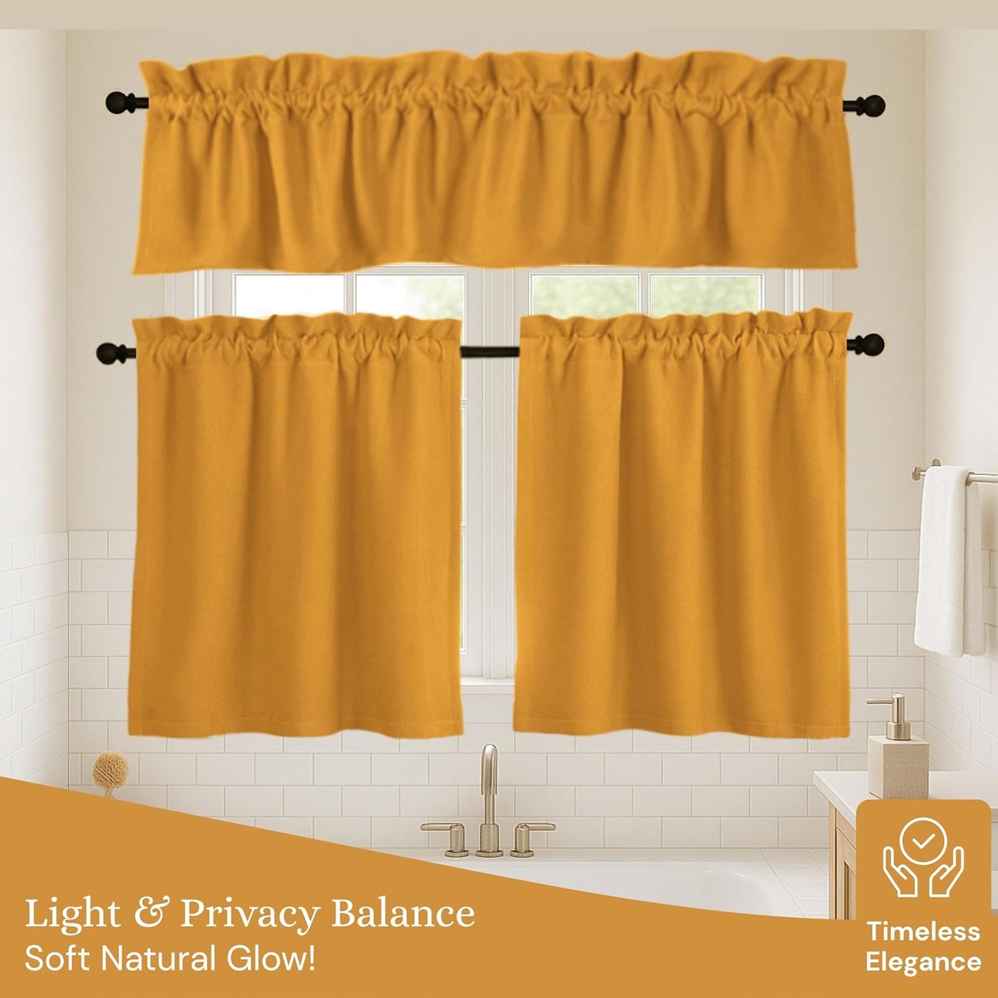 3 Piece Window Curtain Set, 100% Cotton, 2 Tiers 26x36 Inch & 1 Valance 54x18 Inch, Semi Sheer, Rod Pocket, Short Curtains for Kitchen, Café, Living Room, Bathroom, Mustard Yellow
