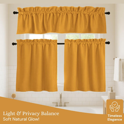 3 Piece Window Curtain Set, 100% Cotton, 2 Tiers 26x36 Inch & 1 Valance 54x18 Inch, Semi Sheer, Rod Pocket, Short Curtains for Kitchen, Café, Living Room, Bathroom, Mustard Yellow