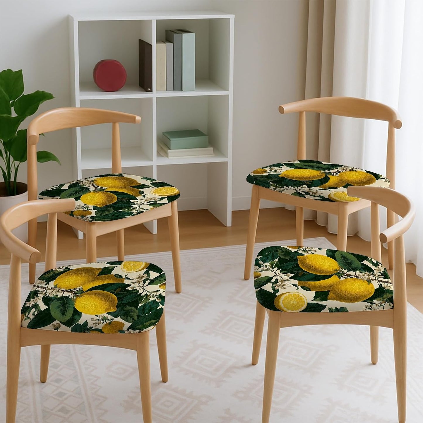 Lemon Floral Chair Seat Covers, Stretch Removable Spandex Cushion Covers, Stylish Decorative Slipcovers for Kitchen Dining Room Decor 4PCS