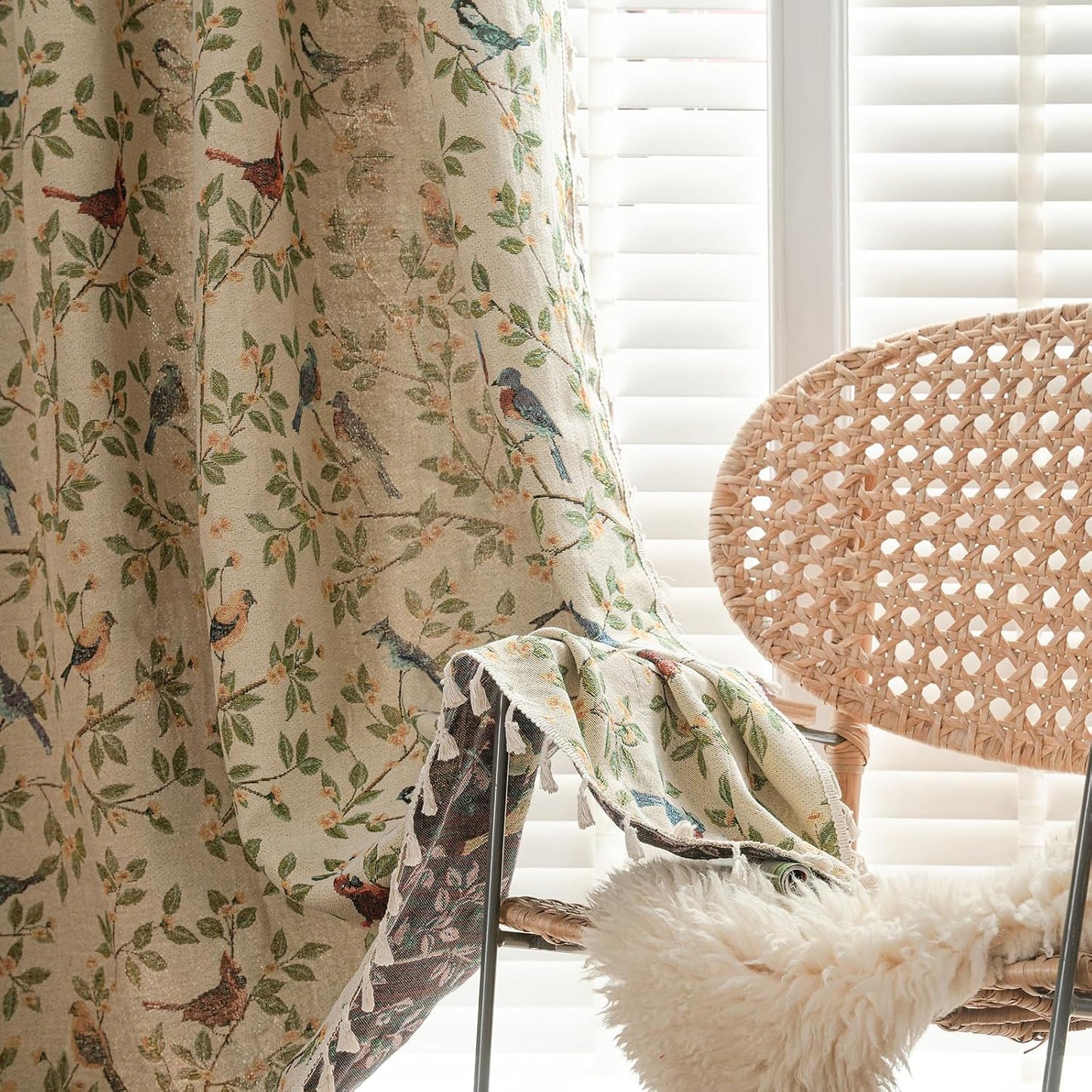 Farmhouse Bird Jacquard Curtain Panels with Tassel 78 Inches Botanical Pattern Light Reducing Thermal Insulated Rod Pocket Curtains/Panels/Drapes for Living Room (Yellow,59"x78")
