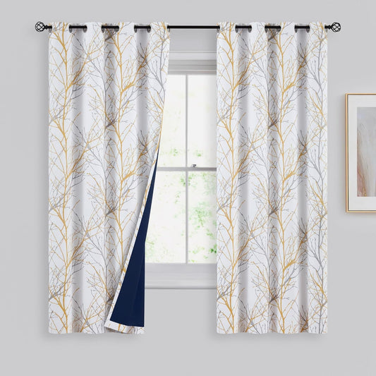 FMFUNCTEX 100% Blackout Curtains for Living Room, Yellow Grey Curtains 63 Inch Length Tree Branch Patterned Curtains for Bedroom, Thermal Insulated Farmhouse Window Treatment, Grommet Top 2 Panels