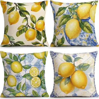 Summer Lemon Throw Pillow Covers, 18X18 inch Set of 4 Square Modern Outdoor Pillow Cases Decorative Cushion Covers, for Home Couch Sofa Car Decor