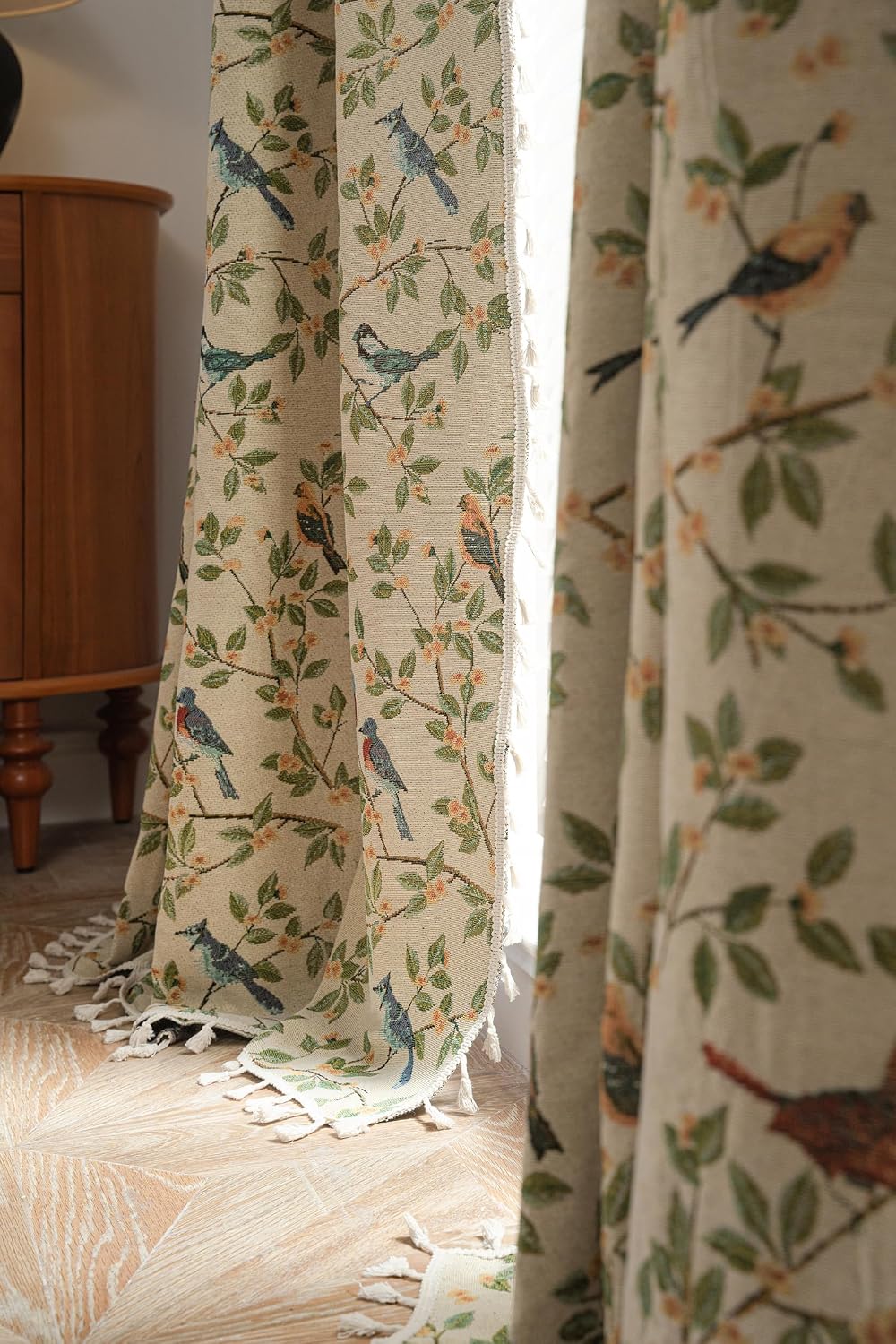 Farmhouse Bird Jacquard Curtain Panels with Tassel 78 Inches Botanical Pattern Light Reducing Thermal Insulated Rod Pocket Curtains/Panels/Drapes for Living Room (Yellow,59"x78")