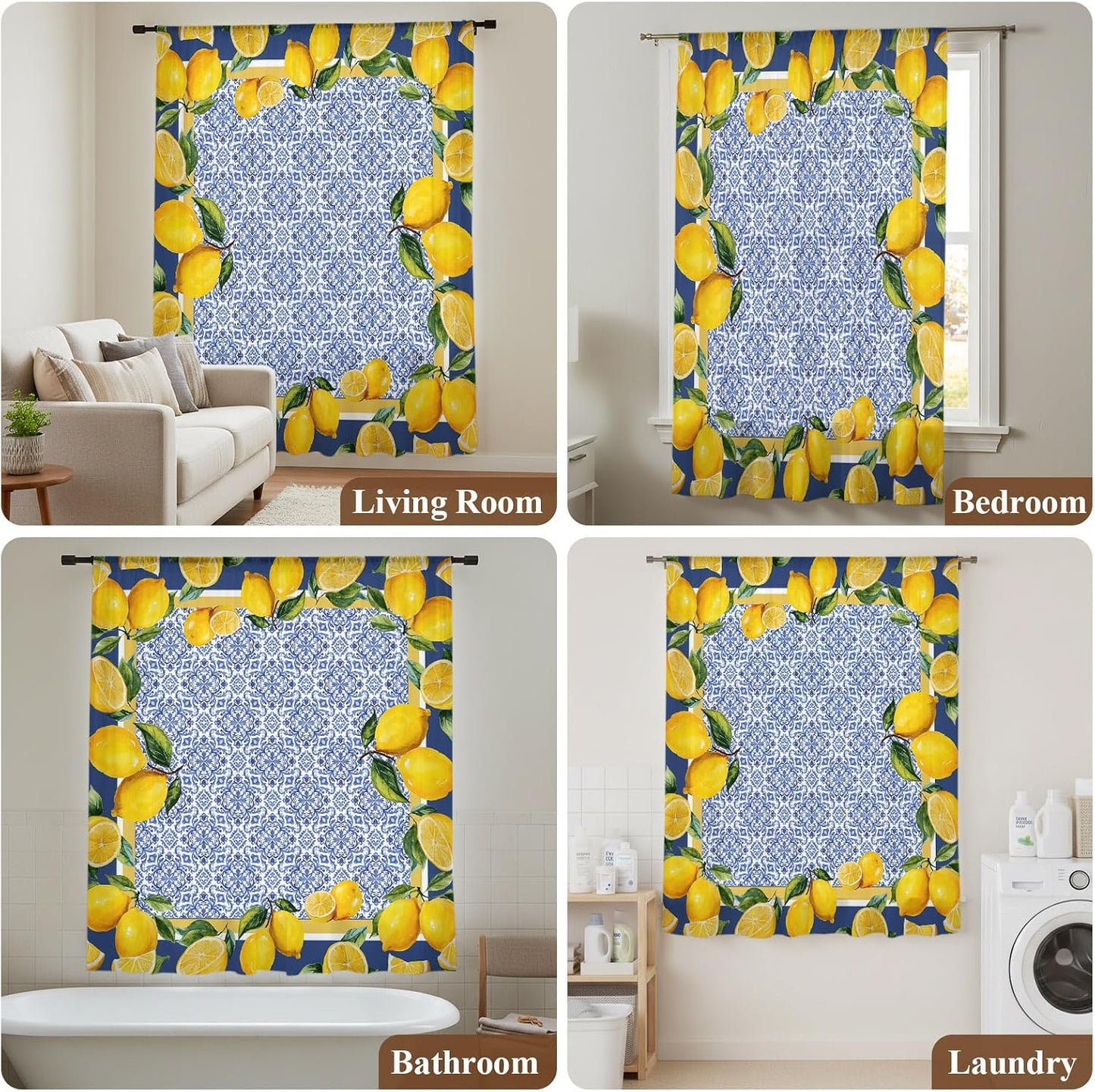 Sheer Curtains 45 Inches Long for Living Room/Bedroom, Blue Yellow Lemon Rod Pocket Voile Kitchen Curtains & Drapes Window Treatment 1 Panel, 52"W x 45"L Summer Country Fruits Italian Style