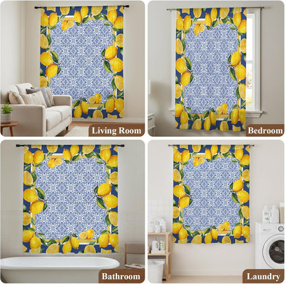 Sheer Curtains 45 Inches Long for Living Room/Bedroom, Blue Yellow Lemon Rod Pocket Voile Kitchen Curtains & Drapes Window Treatment 1 Panel, 52"W x 45"L Summer Country Fruits Italian Style