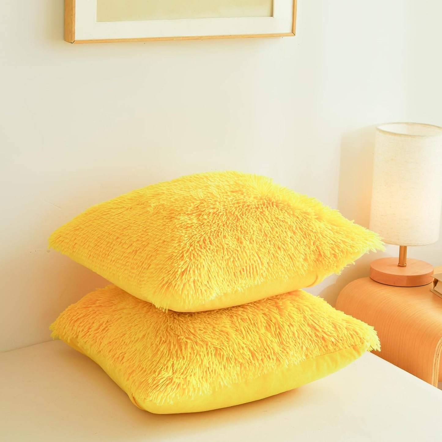 Plush Yellow Throw Pillow Cases Ultra Soft Fuzzy Fluffy Throw Pillow Covers with Furry Texture and Shaggy Touch, Faux Fur Cushion Shams for Sofa or Bed, Set of 2 with Zipper 18"x18"