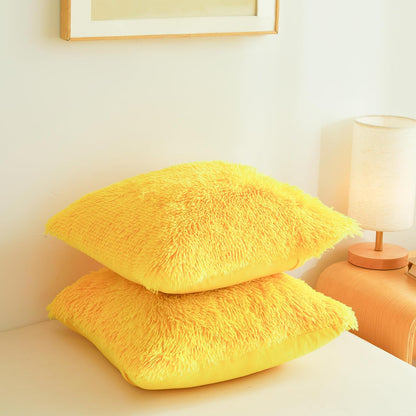 Plush Yellow Throw Pillow Cases Ultra Soft Fuzzy Fluffy Throw Pillow Covers with Furry Texture and Shaggy Touch, Faux Fur Cushion Shams for Sofa or Bed, Set of 2 with Zipper 18"x18"