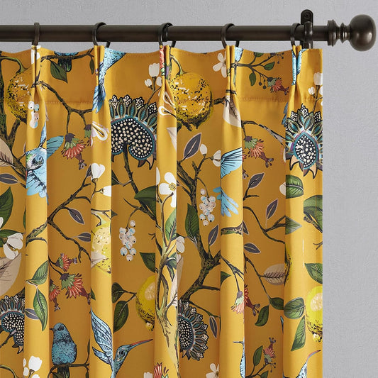 Mustard Yellow Vintage Floral Curtains 84 Inches Long for Living Room Bedroom Luxury Whimsical Lemon Hummingbird Patterned Waverly Mid Century Colorful Pinch Pleated Blackout Drapes 2 Panels