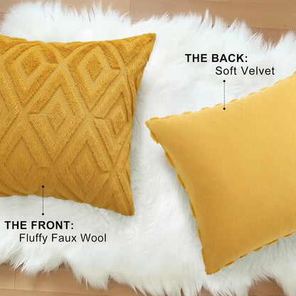 decorUhome Fall Couch Throw Pillow Covers 18x18 Set of 2, Decorative Soft Plush Faux Fur Wool Accent Pillow Covers for Modern Farmhouse Bed Sofa Living Room, Mustard Yellow