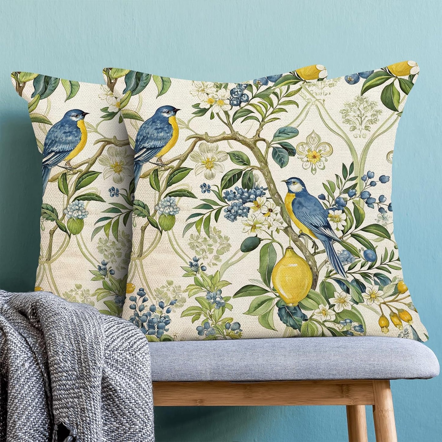 Chinoiserie Blue and Green Floral Bird Pillow Covers 18x18 Set of 2, Yellow Lemon Flower Summer Decorative Throw Pillows Farmhouse Linen Outdoor Cushion Case for Home Couch Sofa Decor