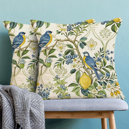 Chinoiserie Blue and Green Floral Bird Pillow Covers 18x18 Set of 2, Yellow Lemon Flower Summer Decorative Throw Pillows Farmhouse Linen Outdoor Cushion Case for Home Couch Sofa Decor