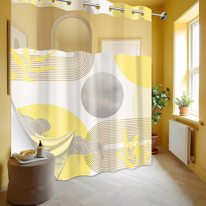 Mustard Yellow and Grey Hookless Shower Curtain with Snap in Liner, Yellow and White No Hook Double Layer Shower Curtain and Liner Set, Waterproof Cloth Fabric, 71" W x 86" L (Pack of 1)