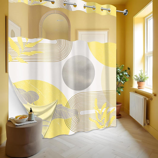 Mustard Yellow and Grey Hookless Shower Curtain with Snap in Liner, Yellow and White No Hook Double Layer Shower Curtain and Liner Set, Waterproof Cloth Fabric, 71" W x 86" L (Pack of 1)