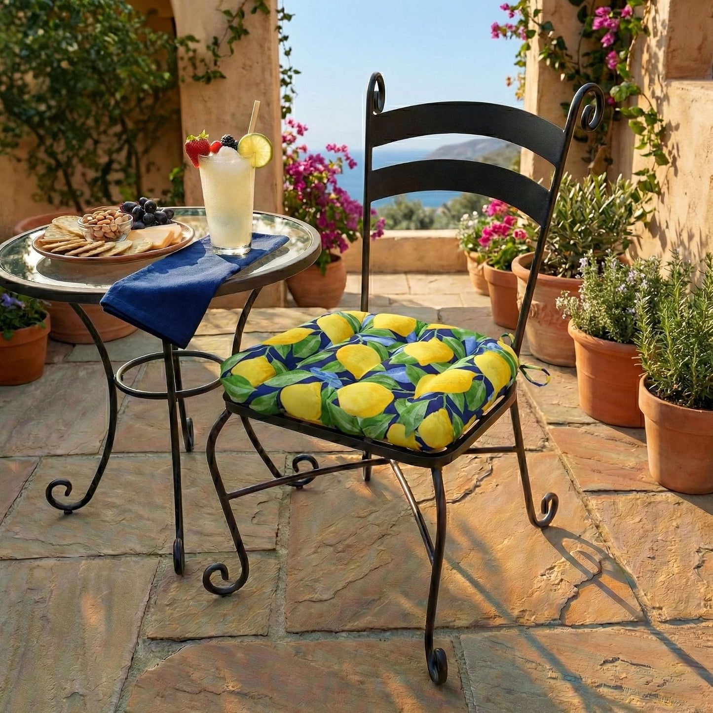Barnett Home Decor Indoor Outdoor Dining Chair Cushions - Lemons Blue Mediterranean Size Small Patio Chair Cushions 15 x 17 - Fade Resistant Weather Resistant - Latex Foam Fill Pad