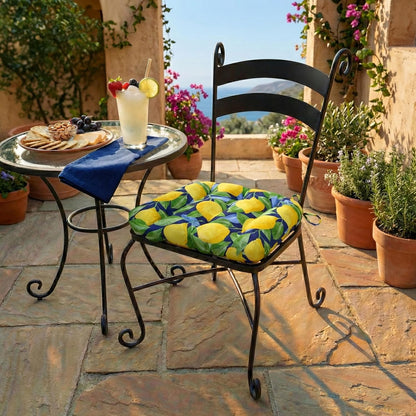 Barnett Home Decor Indoor Outdoor Dining Chair Cushions - Lemons Blue Mediterranean Size Small Patio Chair Cushions 15 x 17 - Fade Resistant Weather Resistant - Latex Foam Fill Pad
