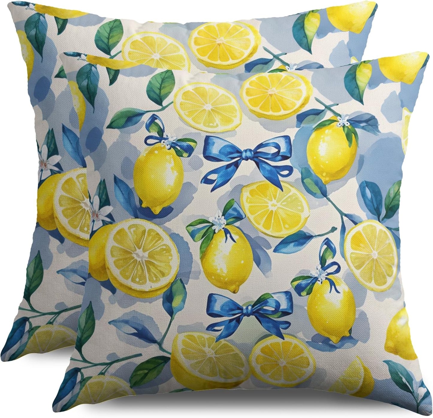 Yellow Lemon Pillow Covers 20X20 Set of 2, Blue Bow Floral Summer Theme Print Decorative Throw Pillowcases Outdoor Farmhouse Seasonal Cushion Cases Couch Sofa Bed Porch Decor