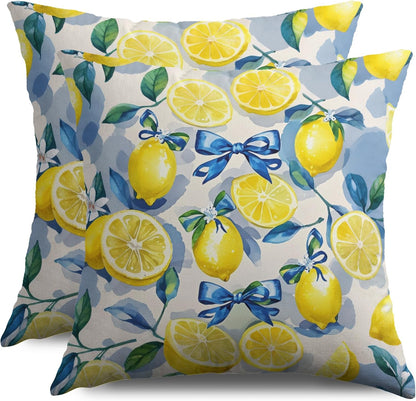 Yellow Lemon Pillow Covers 20X20 Set of 2, Blue Bow Floral Summer Theme Print Decorative Throw Pillowcases Outdoor Farmhouse Seasonal Cushion Cases Couch Sofa Bed Porch Decor