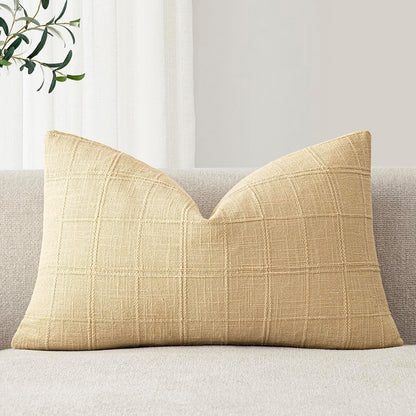 Foindtower Set of 1 Decorative Linen Check Throw Pillow Cover Neutral Farmhouse Lumbar Cushion Cover Modern Boho Accent Home Decor for Sofa Chair Couch Bedroom Living Room,12×20 Inch,Light Yellow