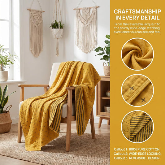 SANACYNA Muslin Blankets for Adults 100% Cotton 6-Layer Gauze Yellow Geometric Bed Blanket Lightweight Soft and Breathable King Blanket for Sofa Bed Coverlet Both Sides (Yellow, King 90" X 104")