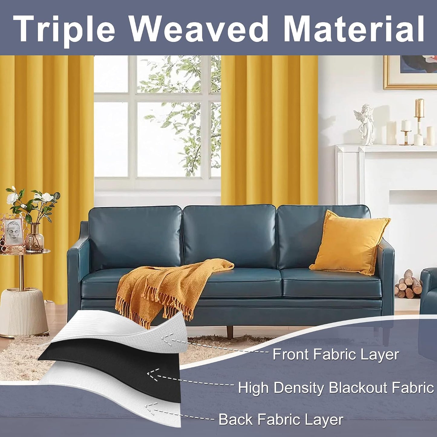 JIUZHEN Blackout Curtains for Bedroom/Living Room - Thermal Insulated Light Blocking Curtains, Rod Pocket Curtains with Tiebacks, Room Darkening Curtains, 42 x 63 Inch, 2 Panel, Mustard Yellow