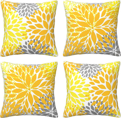 Yellow Pillow Covers 18x18 Inch Set of 4 Yellow Gray Dahlia Flower Throw Pillows Modern Geometric Floral Square Cushion Covers for Sofa Couch Bed Living Room Decorative Pillowcases