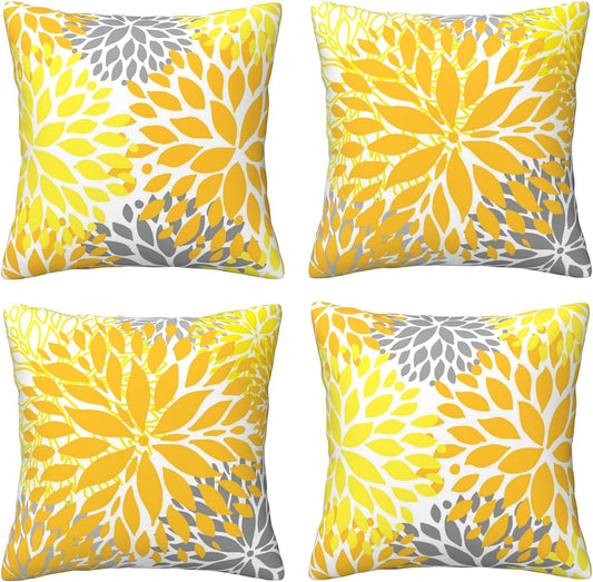 Yellow Pillow Covers 18x18 Inch Set of 4 Yellow Gray Dahlia Flower Throw Pillows Modern Geometric Floral Square Cushion Covers for Sofa Couch Bed Living Room Decorative Pillowcases