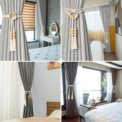 NICEEC 2 Pack Natural Cotton Rope Curtain Tiebacks Boho Style Decorative Drape Tie Backs Elegant Hand Woven Rope Curtain Holdbacks with Wooden Ring for Home & Office Window Drapery (T-Yellow)