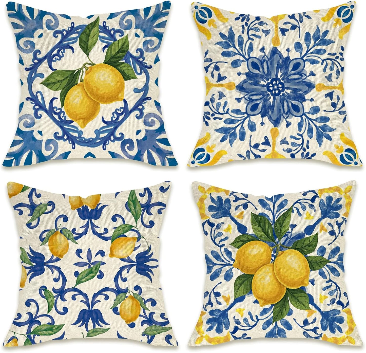 Fahrendom Blue Lemon Italy Tile Pattern Decorative Throw Pillow Covers 18 x 18 Set of 4, Amalfi Coast Italian Capri Citrus Porch Pillowcase, Summer Mediterranean Sofa Couch Cushion Case Home Decor