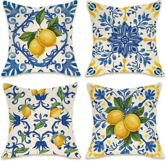 Fahrendom Blue Lemon Italy Tile Pattern Decorative Throw Pillow Covers 18 x 18 Set of 4, Amalfi Coast Italian Capri Citrus Porch Pillowcase, Summer Mediterranean Sofa Couch Cushion Case Home Decor