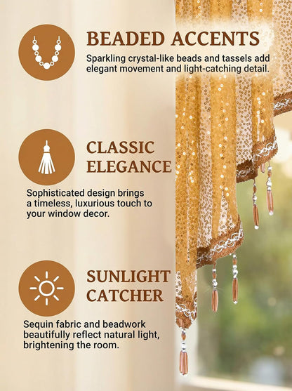Molaxhome Swag Curtain 51 inch Length Rod Pocket Scalloped Curtain Valance Sheer Lace Panels with Hanging Crystal Beads for Kitchen Bedroom Window Treatments Drape Decor 1pc (Sequin Yellow, 51Wx23L)