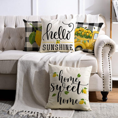 AnyDesign Lemon Pillow Covers 18 x 18 in Summer Farmhouse Throw Pillow Case Watercolor Buffalo Plaids Truck Hello Sunshine Cushion Cases for Home Sofa Couch, 4 Pack