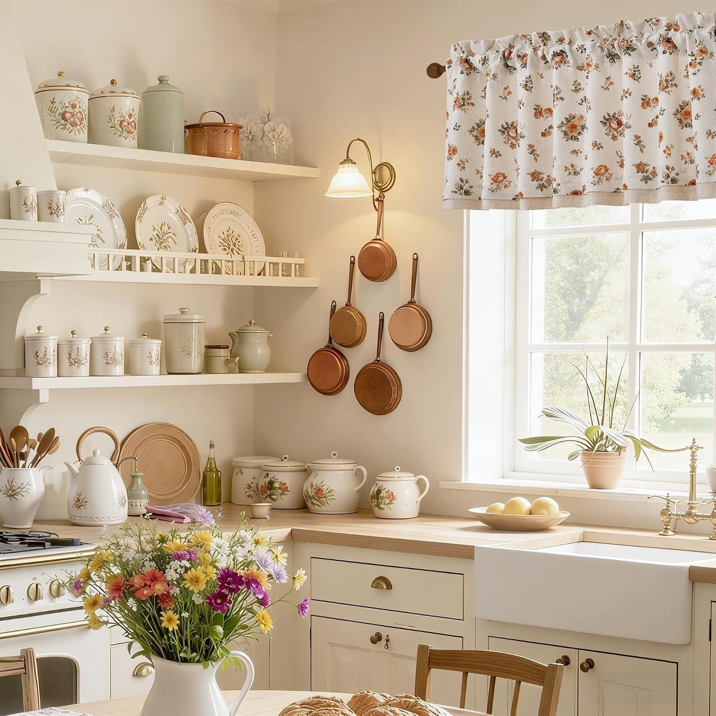 StangH Linen Floral Valance Kitchen Curtains 18 Inches,Printed Double Layer Valance Living Room Laundry Room Darkening Farmhouse Vintage Flower Window Treatment,Yellow,W52 x L18,1 Panel