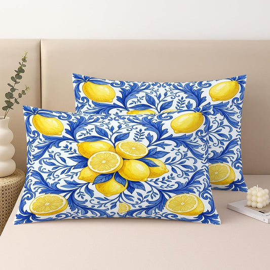 Lemon Throw Pillow Covers Set of 2, Mediterranean Traditional Leaf Flower Summer Yellow Soft Velvet Washable Cushion Covers Pillow for Living Room Bed Office Sofa Chair Decor 20x12 Inch