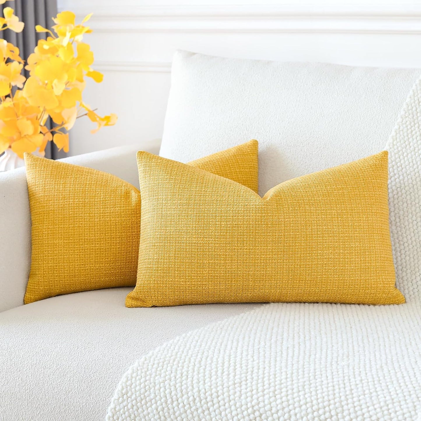 OTOSTAR Pack of 2 Throw Pillow Covers 12x20 Inch Linen Yellow Pillowcases Farmhouse Decorative Solid Pillow Covers 30x50 cm Lumbar Cushion Case for Home Decor Sofa Couch Bed (Yellow)