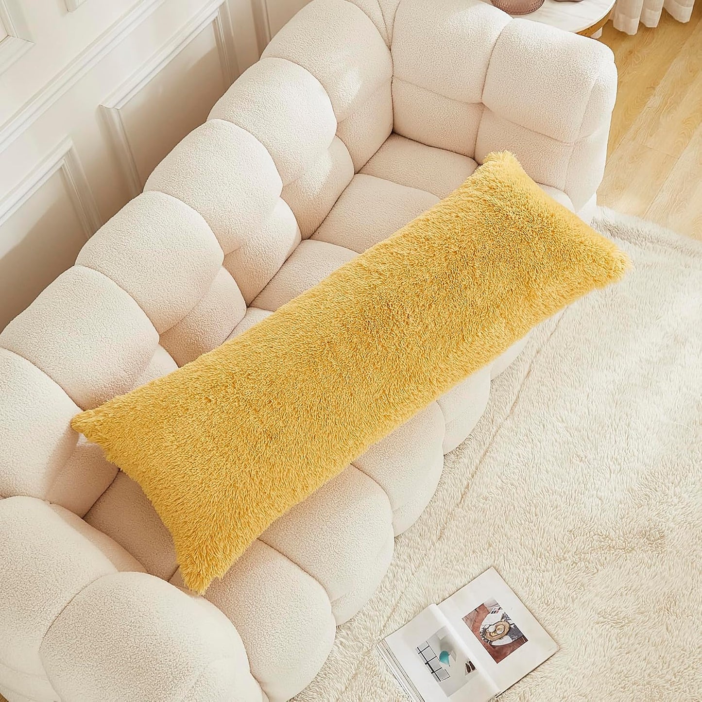 Body Pillow Cover Large Fluffy Shaggy Lumbar Full Body Pillowcase 21 x 54 Inches Soft 1 Pack Modern Home Decorative Zipper Closure, Lemon Yellow