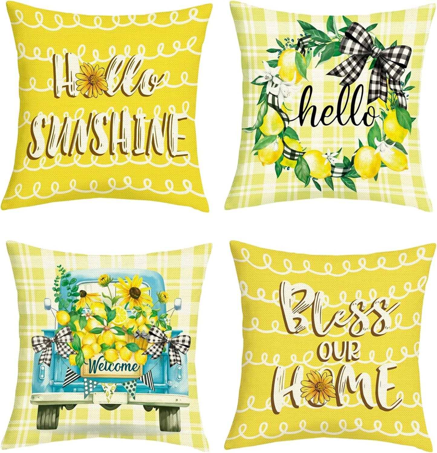 Spring Summer Lemon Throw Pillow Covers 18x18 Inch Set of 4 Hello Sunshine Farmhouse Truck Yellow Plaid Cushion Covers Home Decor for Couch Cushion Cases