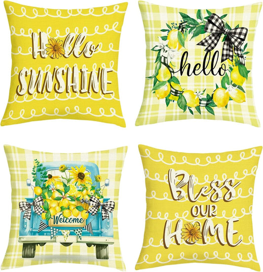 Spring Summer Lemon Throw Pillow Covers 18x18 Inch Set of 4 Hello Sunshine Farmhouse Truck Yellow Plaid Cushion Covers Home Decor for Couch Cushion Cases