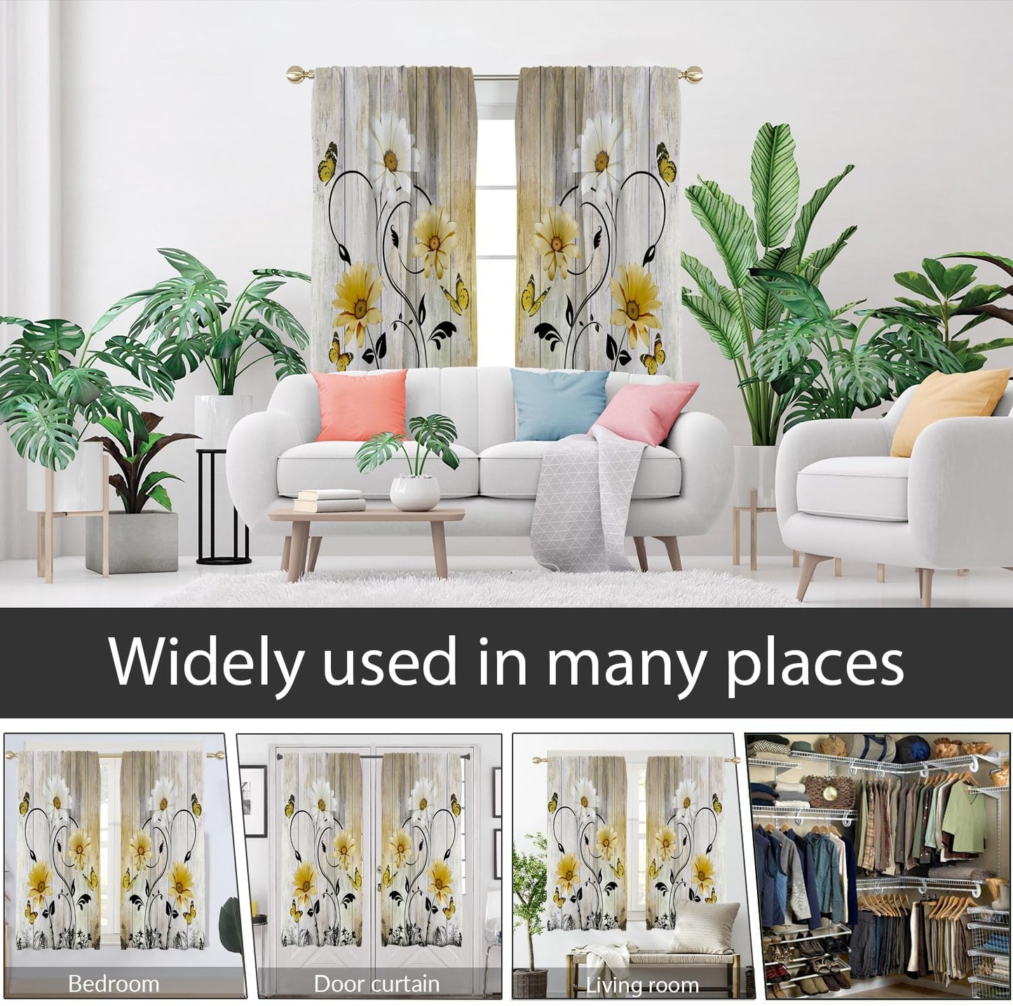 AAtter Yellow Floral Window Curtains for Bedroom, 42" W x 63" L Rod Pocket Polyester Fabric Drapes with Sunflower and White Daisy Butterfly Pattern Farmhouse Decor