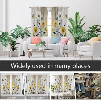 AAtter Yellow Floral Window Curtains for Bedroom, 42" W x 63" L Rod Pocket Polyester Fabric Drapes with Sunflower and White Daisy Butterfly Pattern Farmhouse Decor
