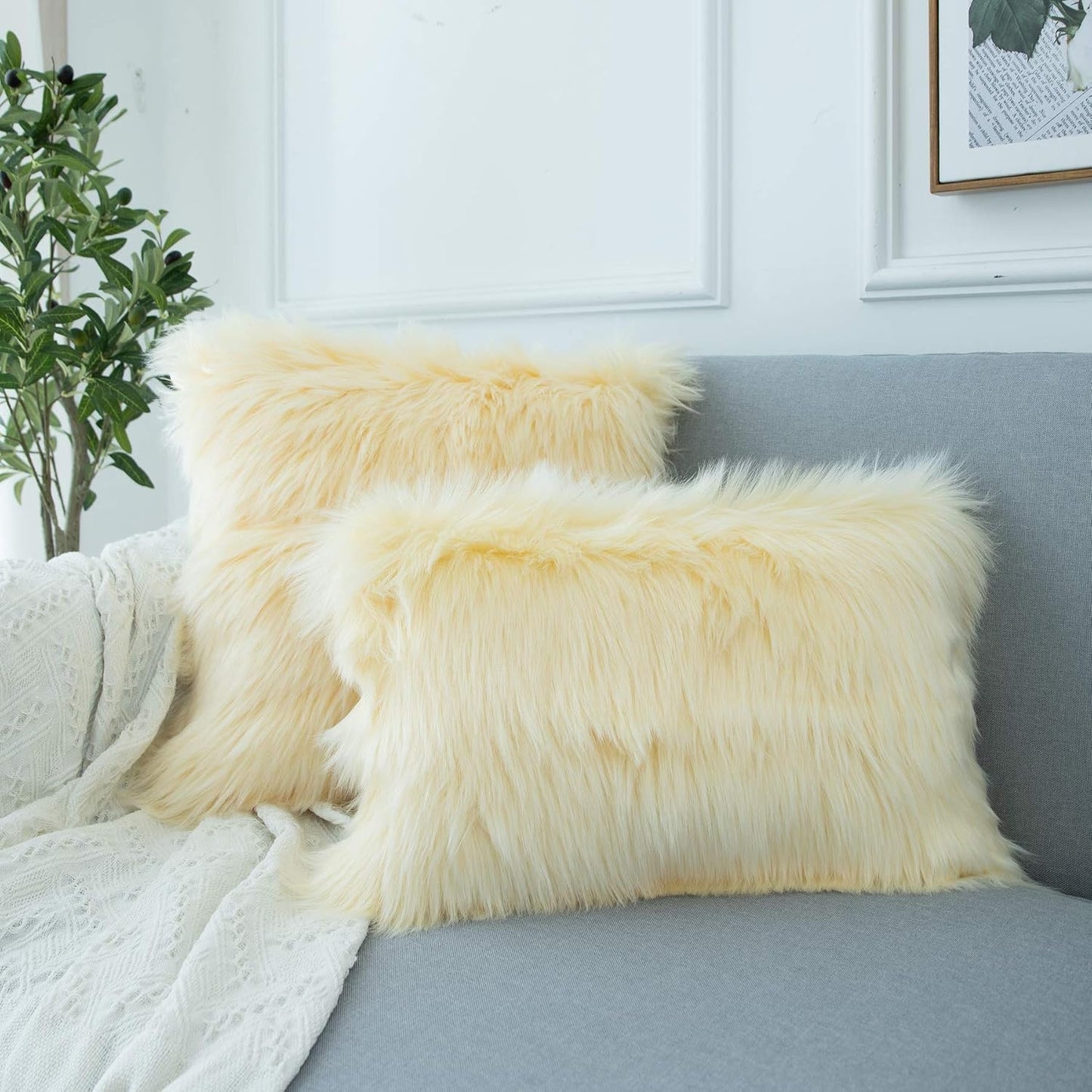 LIGICKY Luxury Series Soft Faux Fur Throw Pillow Cover Decorative Square Plush Pillow Case Cushion Cover for Couch Sofa Bed, 18" x 18" Light Yellow