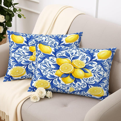 Lemon Throw Pillow Covers Set of 2, Mediterranean Traditional Leaf Flower Summer Yellow Soft Velvet Washable Cushion Covers Pillow for Living Room Bed Office Sofa Chair Decor 20x12 Inch